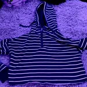 navy blue and white striped cropped hoodie zip up